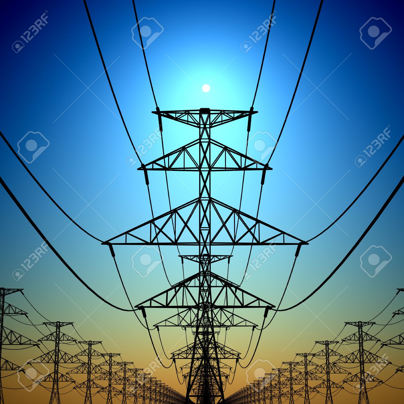 Torres-de-electricidad-y-las-l-neas-con-el-sol-en-el-fondo--Foto-de-archivo